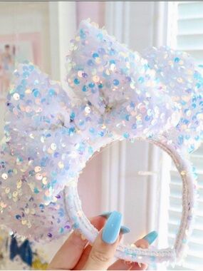 Minnie Mouse Ears Sparkling White Iridescent Sequin Headband~White Sparkle